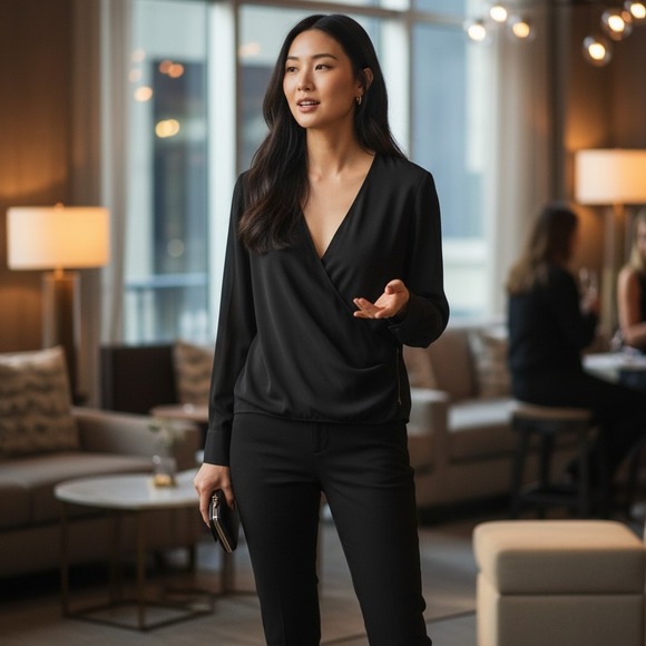 E3 ETCETERA Black Draped Faux Wrap Long Sleeve Blouse Women Size 4 Top Cocktail - Picture 5 of 7